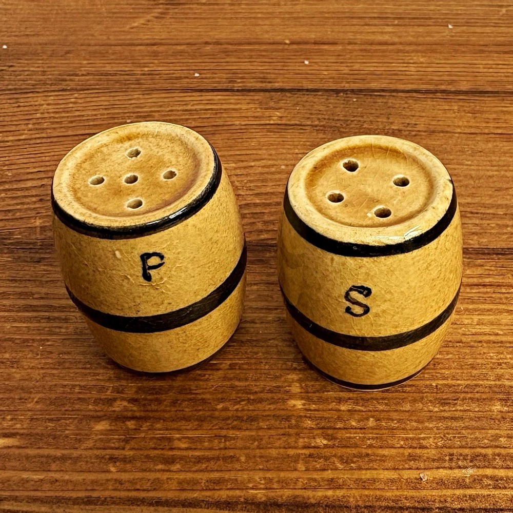 Vintage Barrel Salt & Pepper Shakers Set Beige Ceramic Black Bands 1.5" Refill